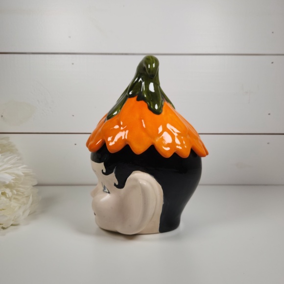 Vintage 1960s Pixie Elf Head Ceramic Cookie Jar w/ Orange Leaf Hat- MCM, Retro - Picture 4 of 9